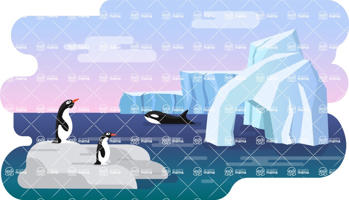 Vector Landscape Mega Bundle - Colorful Antarctica Vector Background with Penguins